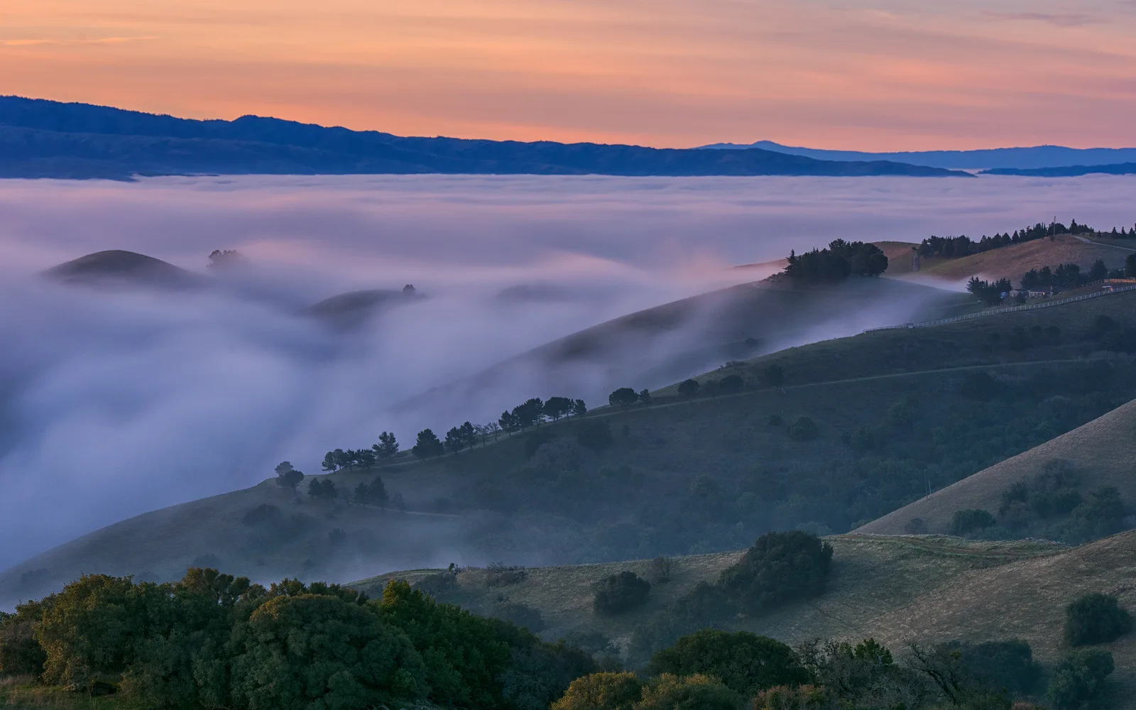 Sunrise over the Livermore Valley with rolling hills and vineyards visible in the morning light